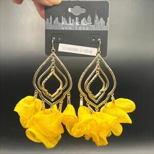 Nicole Miller 4" Triple Drop Yellow Chiffon Chandelier Maximalist Earrings!